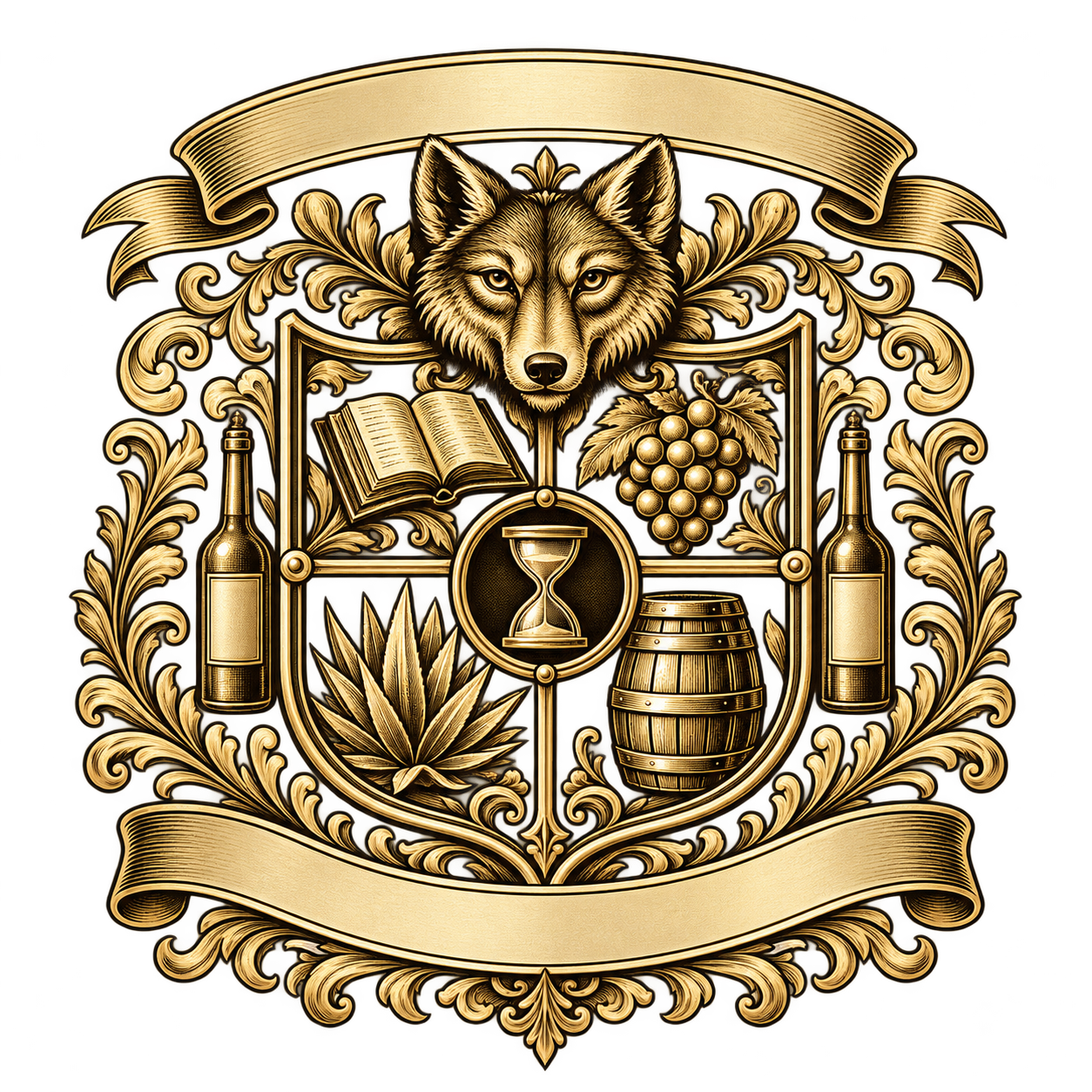The society’s gold heritage crest: a fox above a shield with an open book, grapes, agave, a barrel, and an hourglass